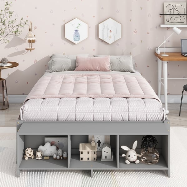 slide 2 of 18, Full Size Platform Bed with Bed-end Storage Case & 2 Storage Drawers, Wooden Storage Bed Frame for Children Teens Adults Bedroom