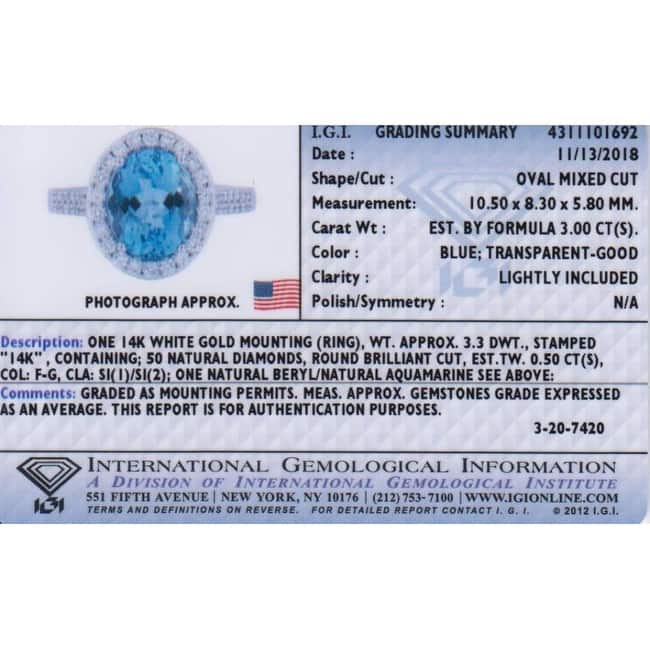 IGI Certified 3 ct Aquamarine and Diamond Ring in 14k White Gold