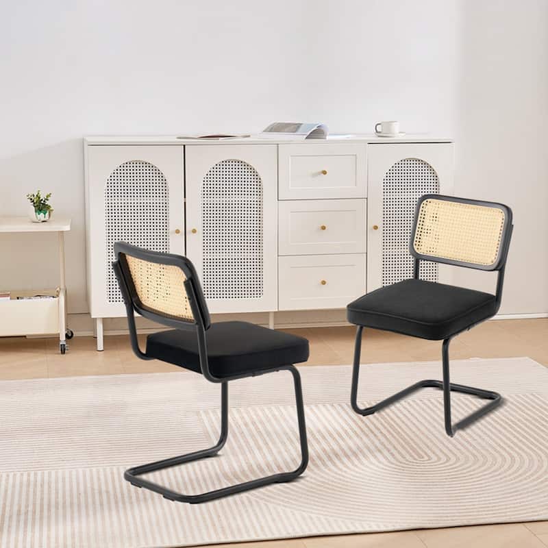 Rattan Dining Chairs Set of 4, Mid Century Modern Dining Chair, Upholstered Velvet Accent Chair with Rattan Back, Retro Dining