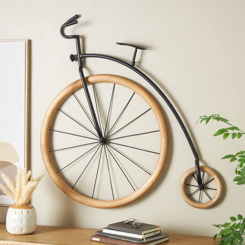 Black Metal Bike Home Wall Decor with Brown Wooden Wheels - Black