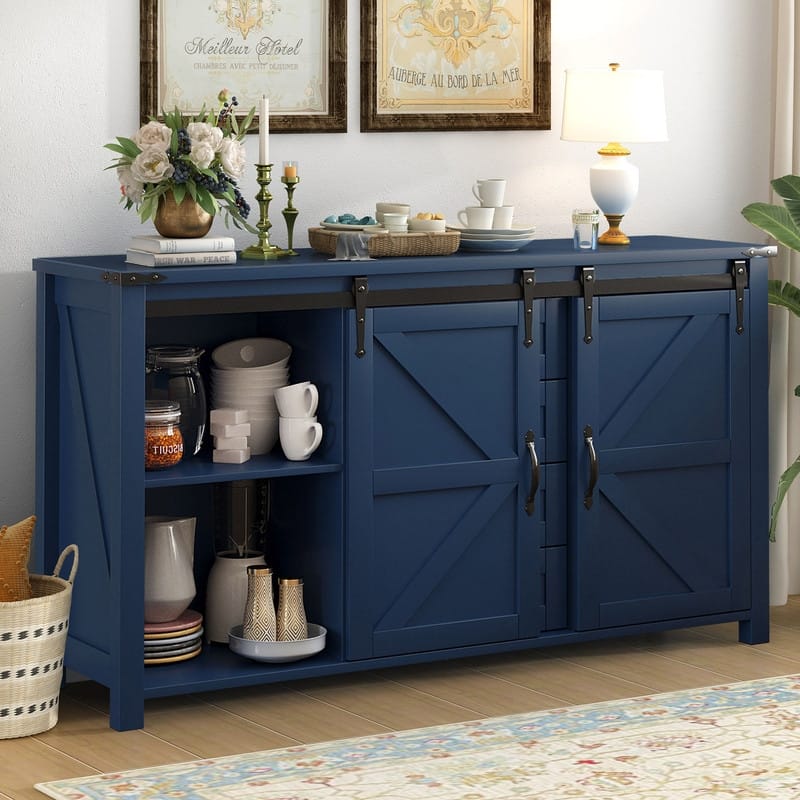 Farmhouse 55.1" Sideboard with Sliding Barn Doors and Storage Drawers, Wood Buffet Table with Power Outlet