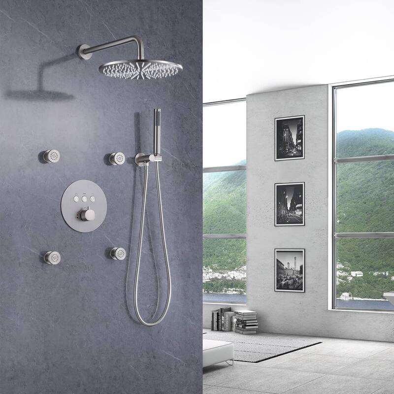 Thermostatic Shower System With Rough-in Valve Wall Mount Shower Faucet With Body Jet And Hand Shower 12 Inch Shower Head Set