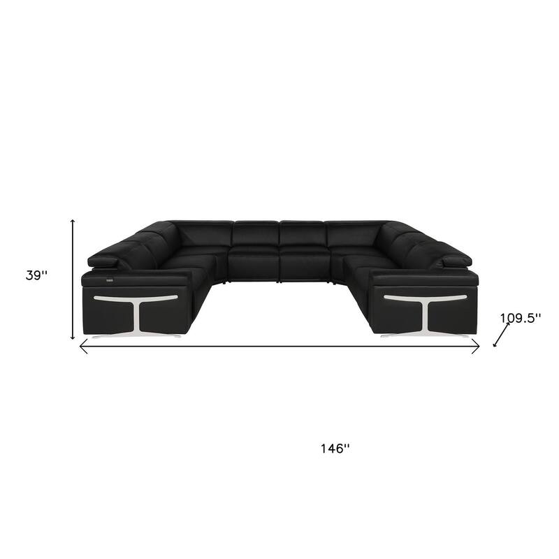 HomeRoots Black Italian Leather Power Reclining U Shaped Eight Piece Corner Sectional With Console