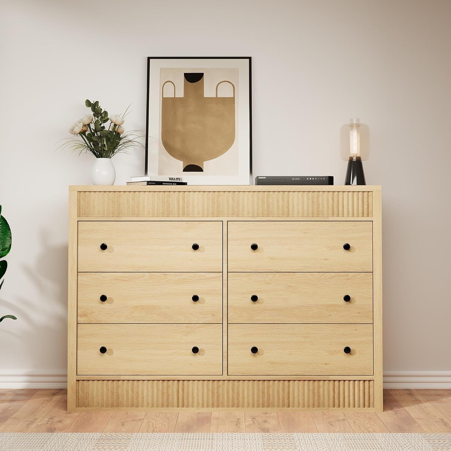 6 Drawer Dresser for Bedroom, Wooden Fluted Chest of Drawers, Modern Storage Organizer for Living Room, Natural Oak