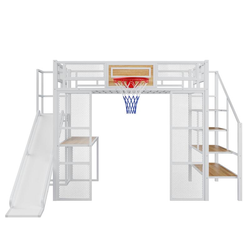 Full Size Metal Loft Bed with Desk, Wardrobe, Basketball Hoop, Slide, and Staircase, White