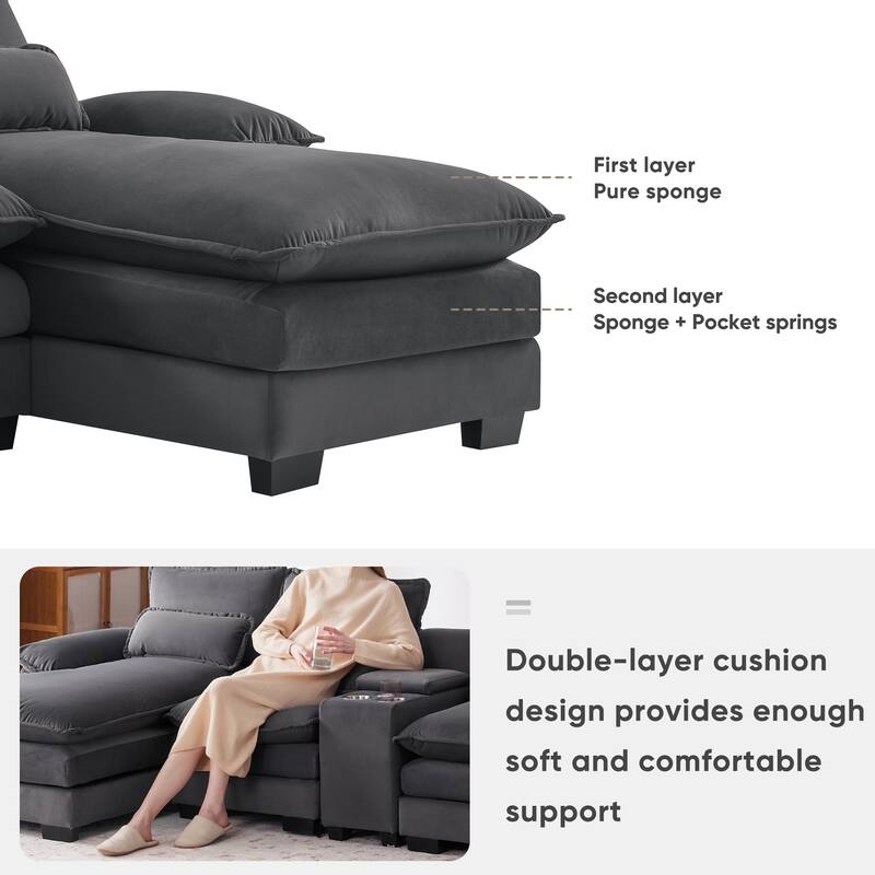 6-seat Upholstered Symmetrical Sofa Set with Console,Cupholders and USB Ports