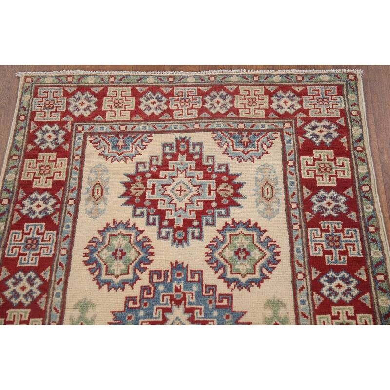Hand Knotted Oriental 100% Wool Carpet Traditional Geometric Beige & Ivories Kazak Runner Rug - 8' 5'' X 2' 9''