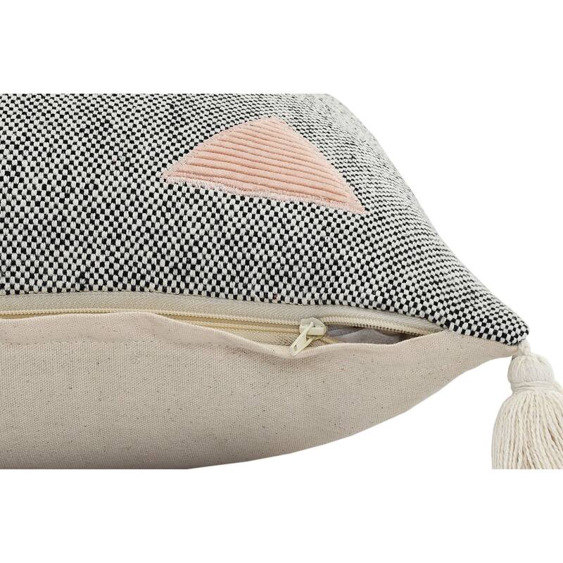 20" Gray and Black Geometric Patchwork Square Throw Pillow with Tassels