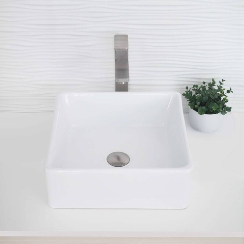 STYLISH Porcelain Square 15-inches Top Mounted Ceramic Vessel Bathroom Sink - 15" x 15" x 5.75"