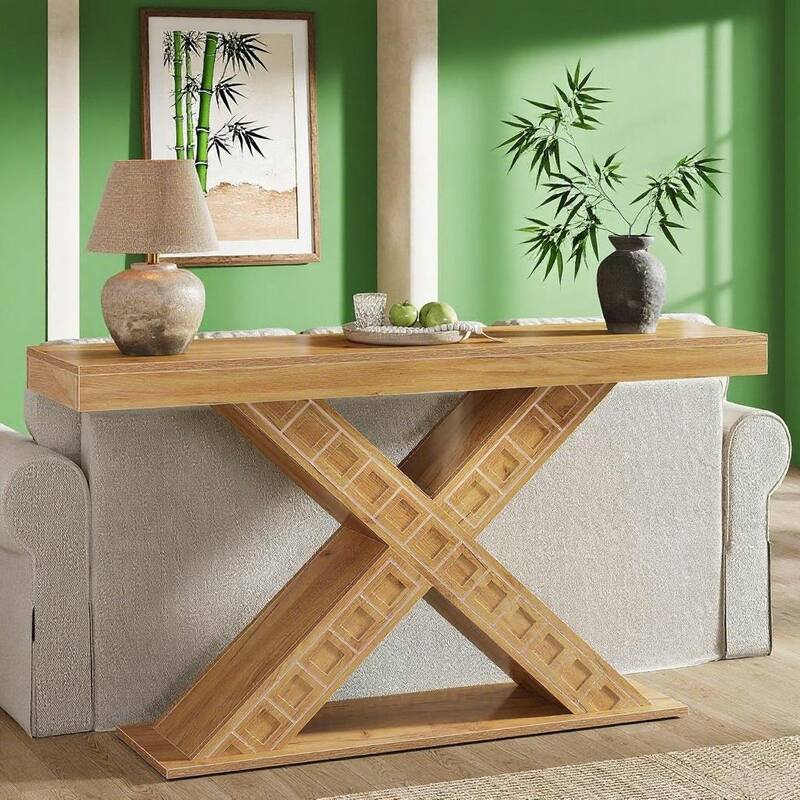 Brown MDF Farmhouse Console Table with X-Shaped Base and Sturdy Top - 55.12” L x 13.78 W x 34.06 H