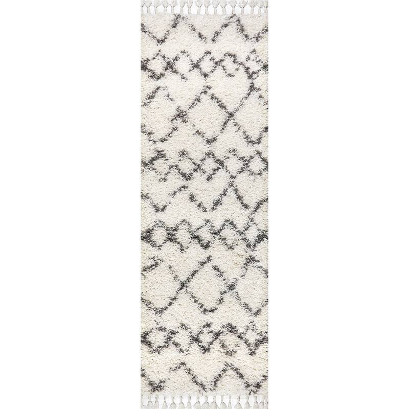 JONATHAN Y Modern Shag Plush Tassel Moroccan Tribal Geometric Trellis Area Rug - 2 X 8 - Cream/Grey