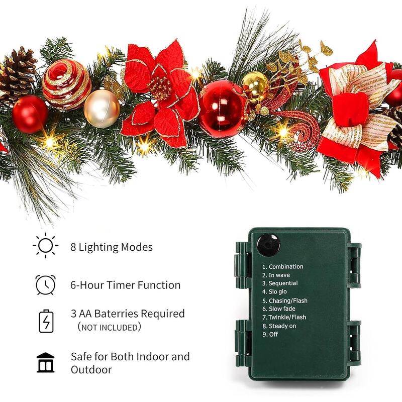 6 feet Pre-Lit Christmas Garland with Lights for Mantle Christmas Decor - N/A