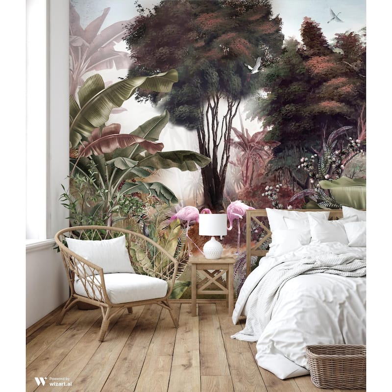 Exotic Jungle Mural Vibrant Flamingos and Tropical Foliage Design