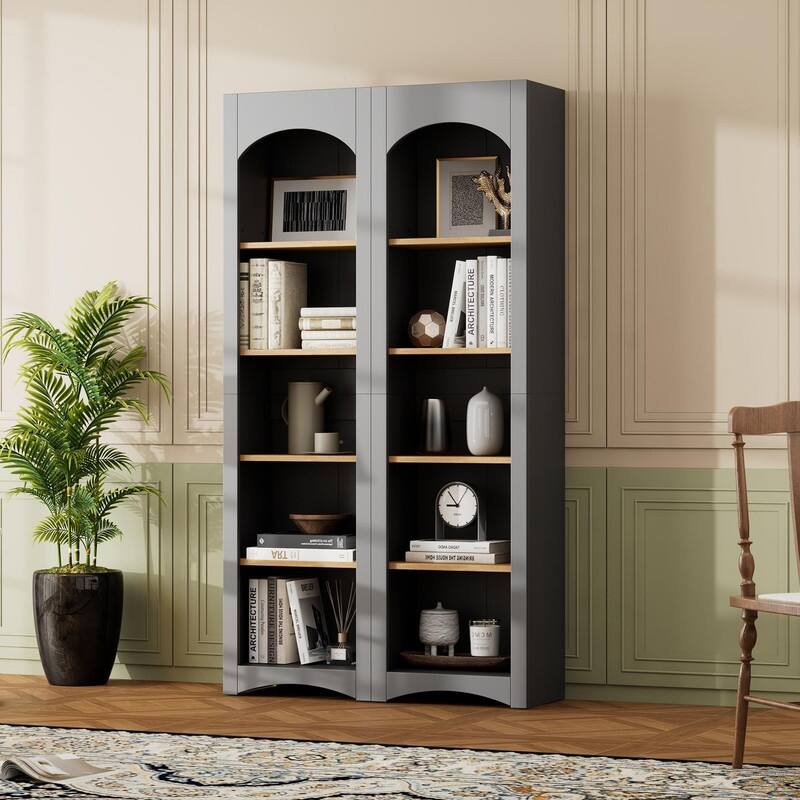 Farmhouse Free Standing 5 Tier Bookshelves Set of 2 with Adjustable Shelves for Versatile Storage
