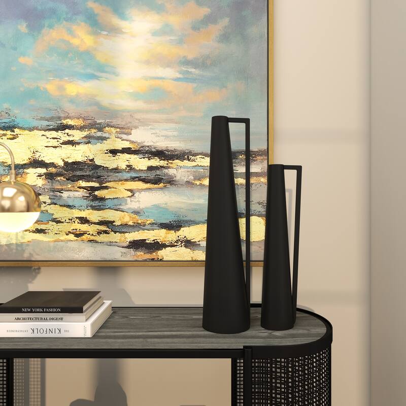 CosmoLiving by Cosmopolitan Metal Slim and Cone Geometric Vase with Handles (Set of 2) - Gold, Silver, Dark Gray, White, Black