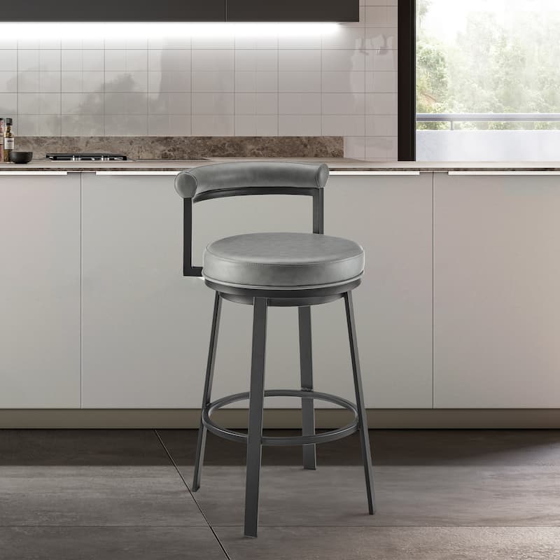 Neura Modern Swivel Counter/Bar Stool in Faux Leather and Metal - Black & Grey - Counter Height