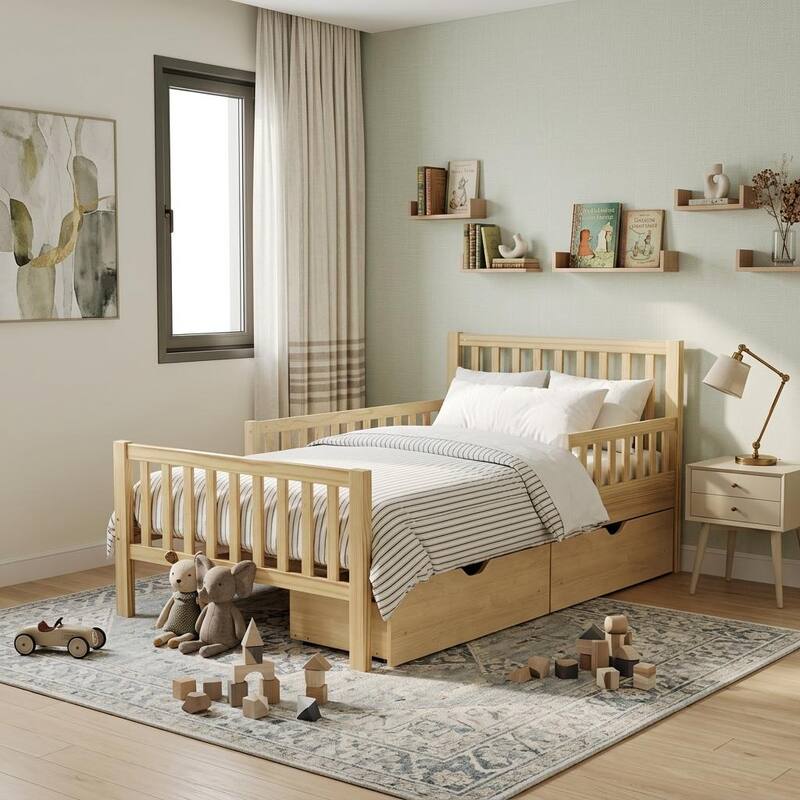 Classic Wooden Platform Bed with Dual Guardrails by Harper&Bright Designs - Natural - Twin
