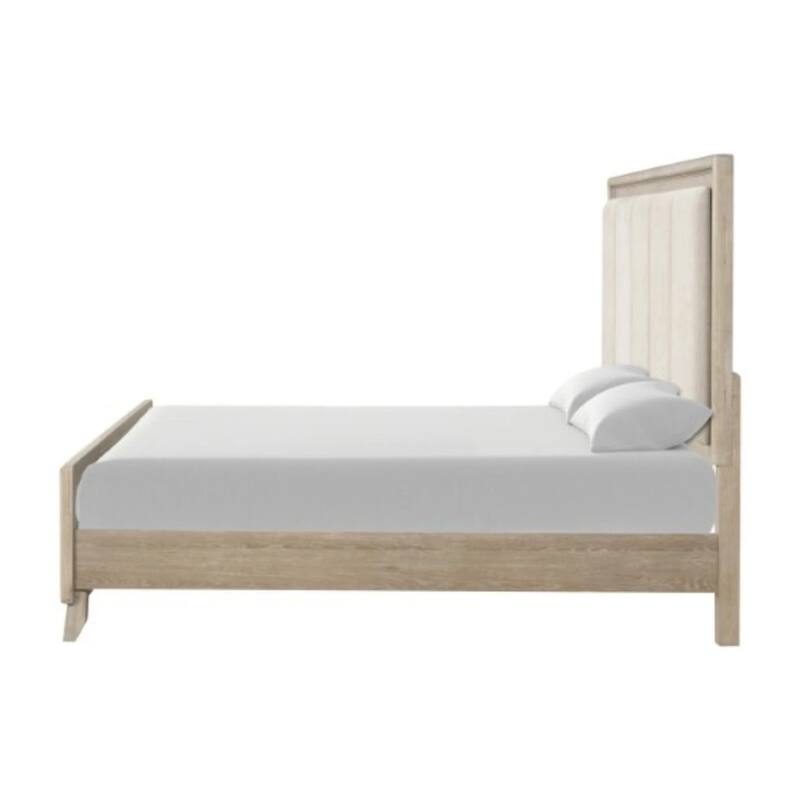 Myna King Bed, Solid Wood, Ivory Channel Padded Upholstery, Oak Brown