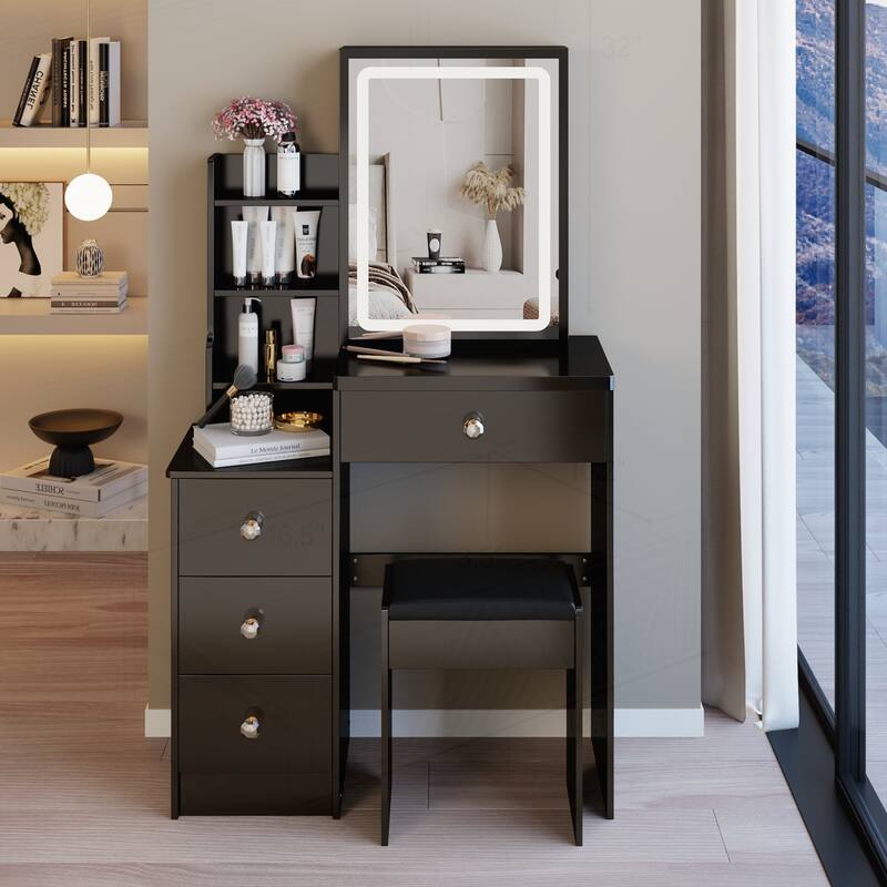 Compact Left Bedside Cabinet with Advanced LED Mirror and Ample Storage - Black