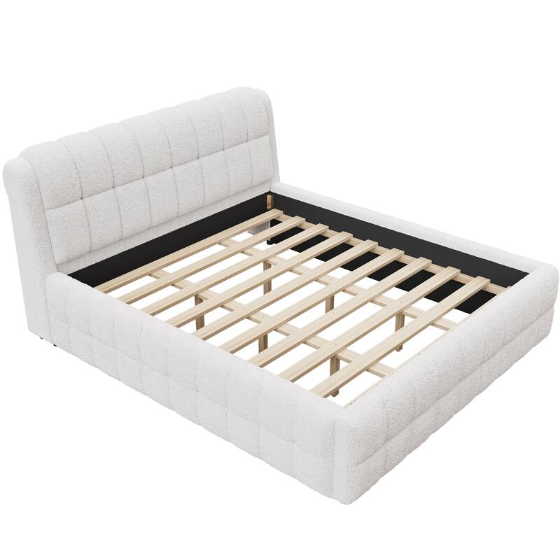 Upholstered Platform Bed with Thick Wingback Headboard and Wood Slat Support