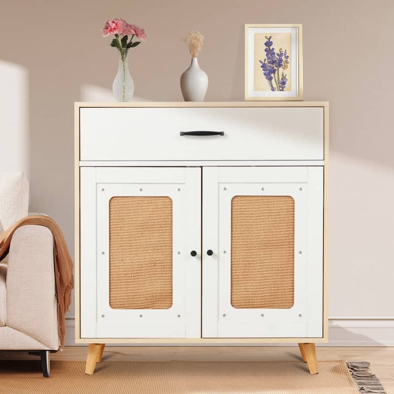 EROMMY Cat Litter Cabinet with Drawer - Hidden Litter Box Furniture with Ventilation and Scoop Slot - White