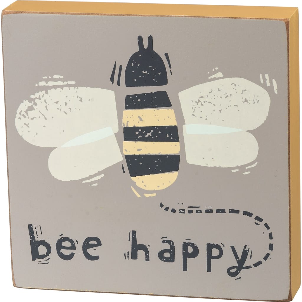 Bumble Bee Happy Tier Tray Block Sign 5 Inches Gray and Yellow - Black