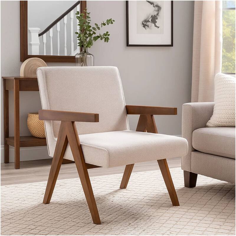 Cid Jose Accent Chair Set of 2, Beige Polyester, Walnut Brown Wood