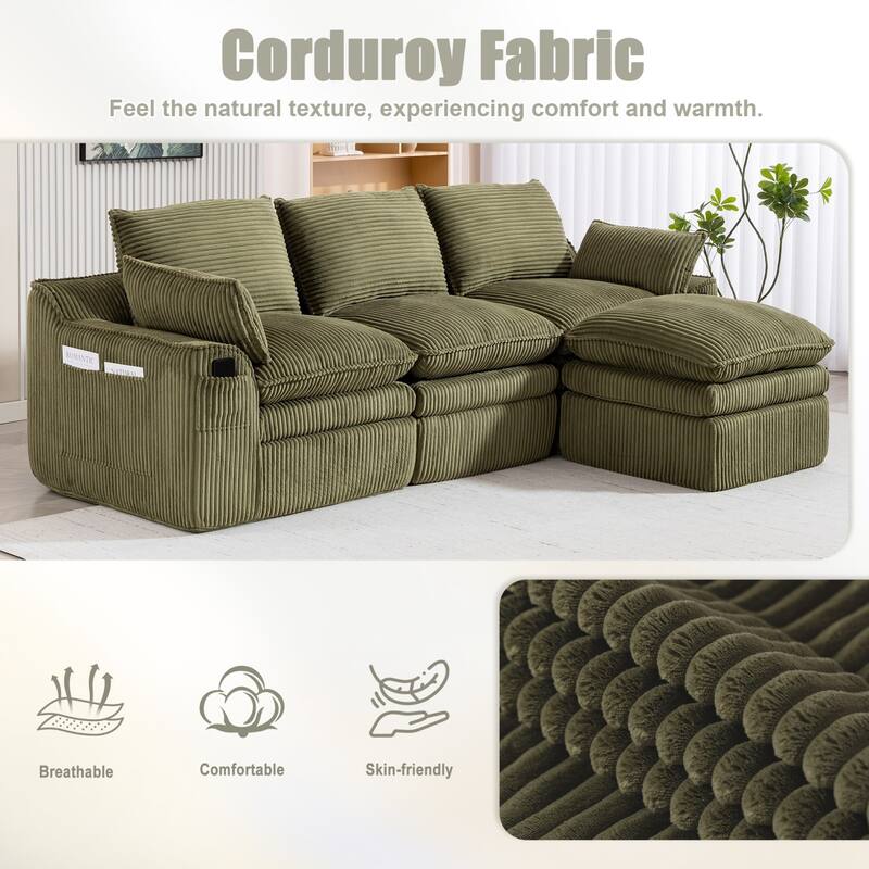 103" L-Shaped Corduroy Boneless Sectional Sofa with Movable Ottoman