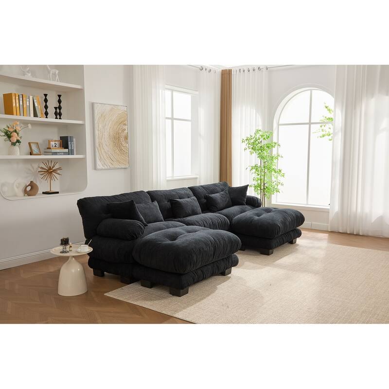 Pelletized velvet U Shape Cloud Couch with 2 Ottomans,Free Combined 3 Seater Comfy Sofa with Bolster Armrest Pillows