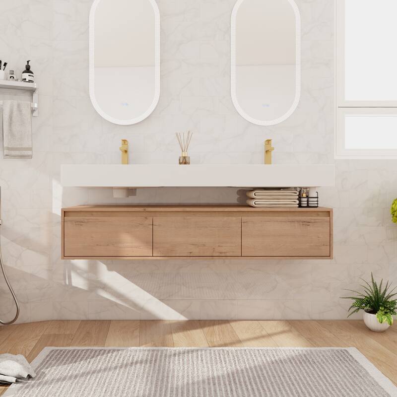 Beingnext 30"/60" Wall Mounted Bathroom Vanity with Sink, Floating Bathroom Vanity with Soft Close Drawer - 60''W - Imitative Oak-60" Sink