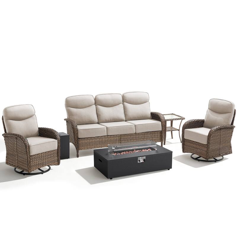 Meyreso 5-Piece Wicker Outdoor Patio Fire Pit Sofa Set with 6-Inch Thick Cushions