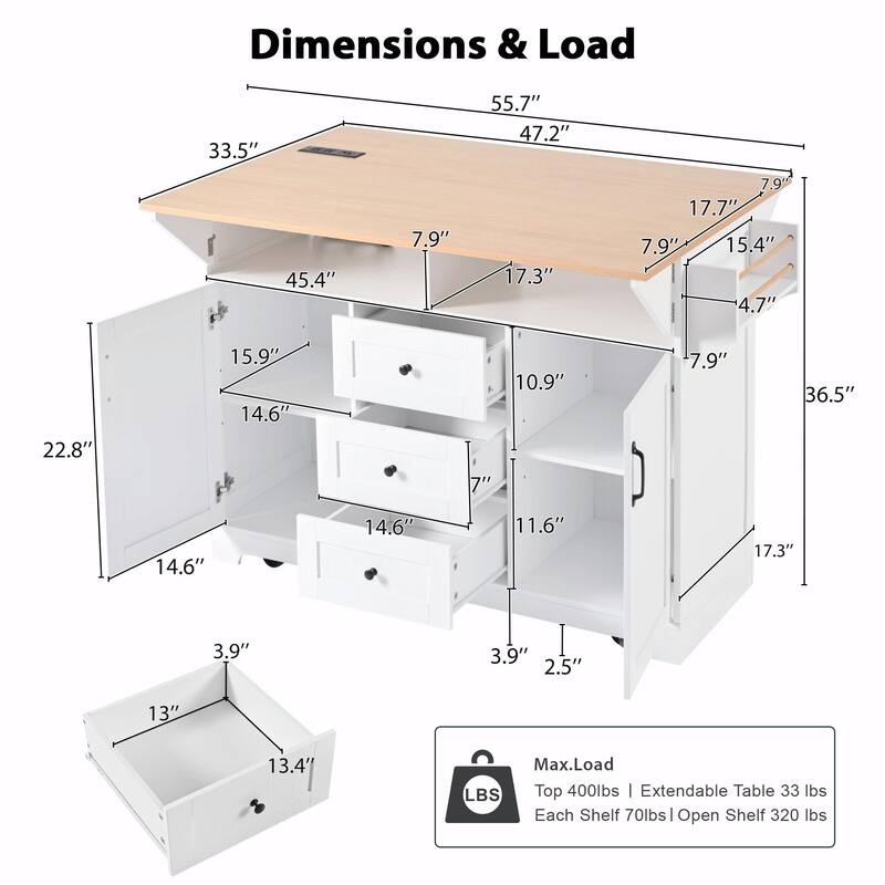 55.7" Kitchen Island with Drop Leaves, Rolling Cart with Power Outlet, Spice Rack, and 3 Drawers