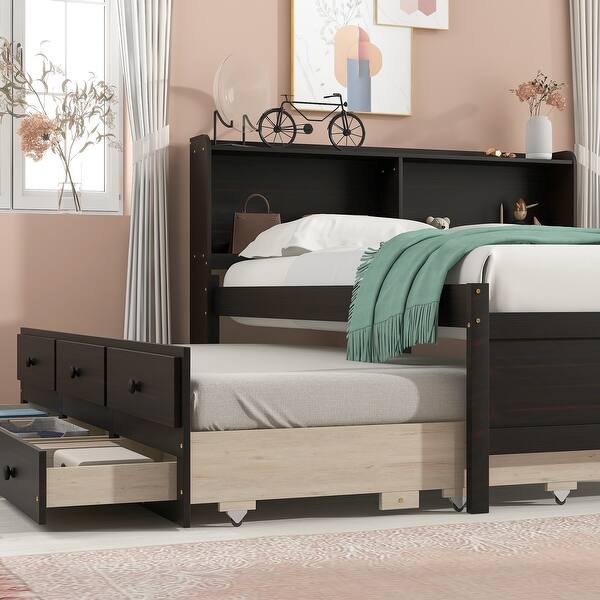 slide 2 of 17, Full Bed with Storage Bookcase with Twin Trundle and 3 Drawers Espresso - Full