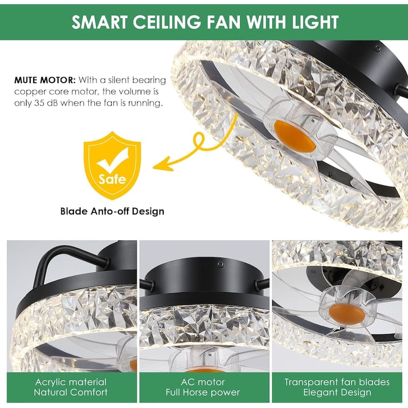 KAYLA 20.86'' Modern Flush Mount Ceiling Fans, Low Profile Ceiling Fan with Lights, Dimmable, APP Control, 6-Speed - N/A