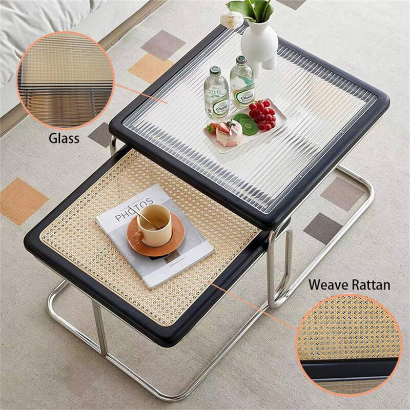 Modern Rattan & Glass Nesting Small Dining Table Black Coffee Tables