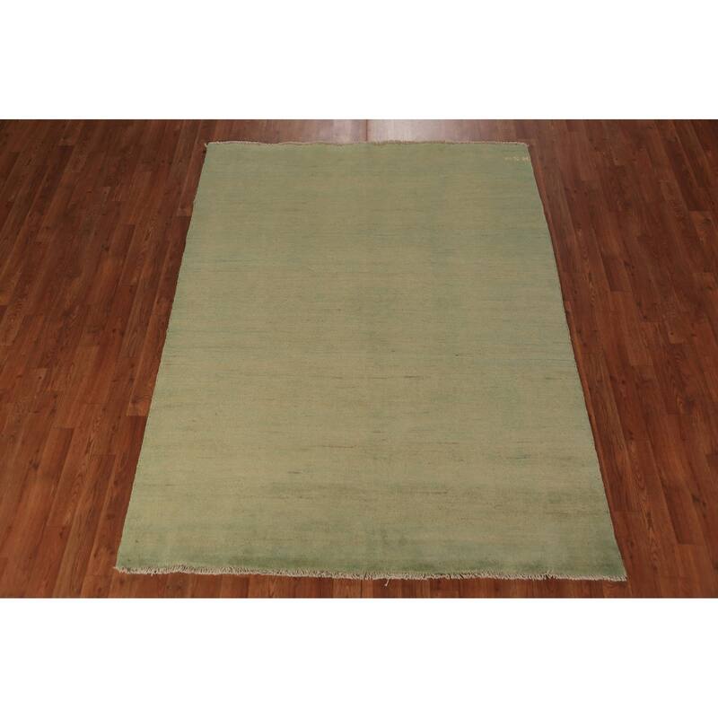 Modern Gabbeh Oriental Area Rug Handmade Green Wool Carpet - 5'0" x 6'7"