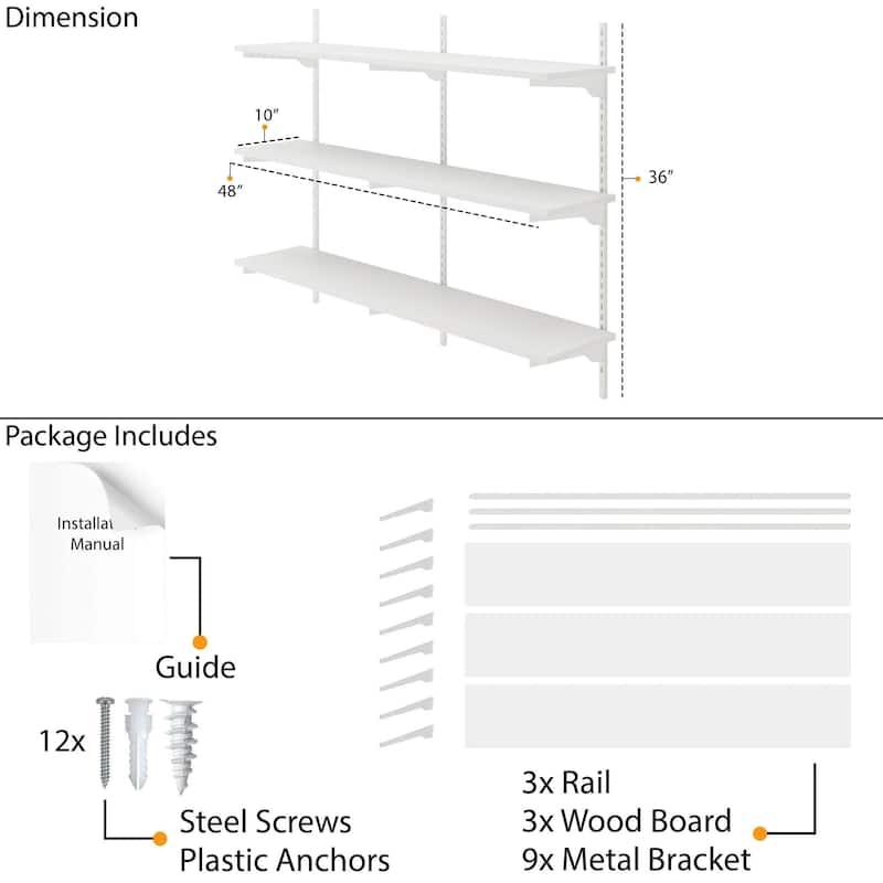 Wallniture Turin 48" Floating Bookshelves with Adjustable Brackets, Wall Shelf Unit for Living Room, Custom Tier Options, White