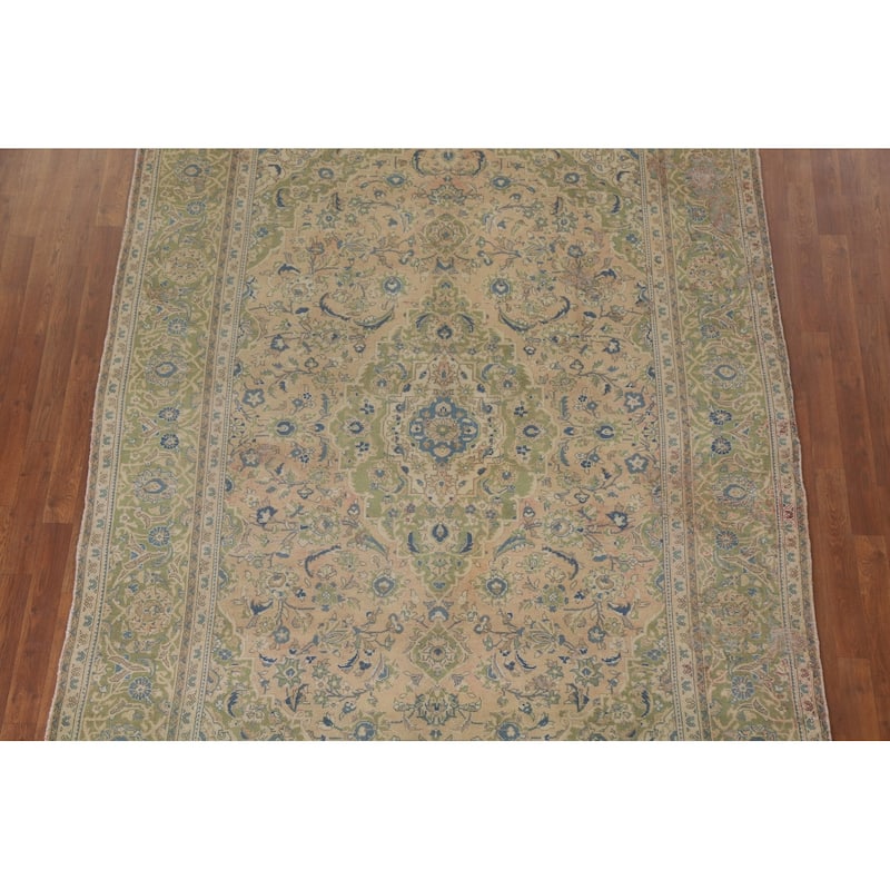 Hand Knotted Oriental 100% Wool Carpet Traditional Floral Peach Kashan Area Rug - 9' 8'' X 6' 6''