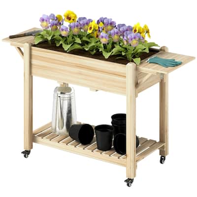 Raised Garden Bed with Storage Shelf and Foldable Ledges Fir Wood Planter for Indoor Outdoor Gardening