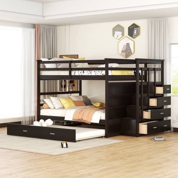 slide 2 of 45, Full Over Full Bunk Bed with Trundle and Staircase Brown