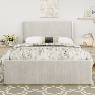 Upholstered Bed Frame with Vertical Stripe Wingback Headboard and High Footboard
