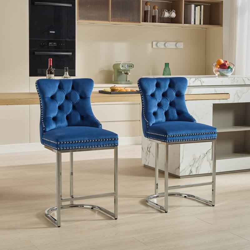 Counter Height Bar Stools Set of 2 Velvet Upholstered Barstools with Decoration Chrome Nailhead Trim Leisure Bar Stools