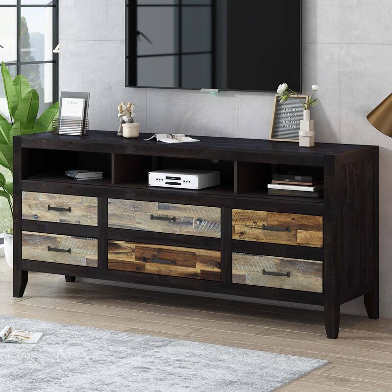 Retro Distressed Wooden TV Stand for TVs up to 65 Inches - Black