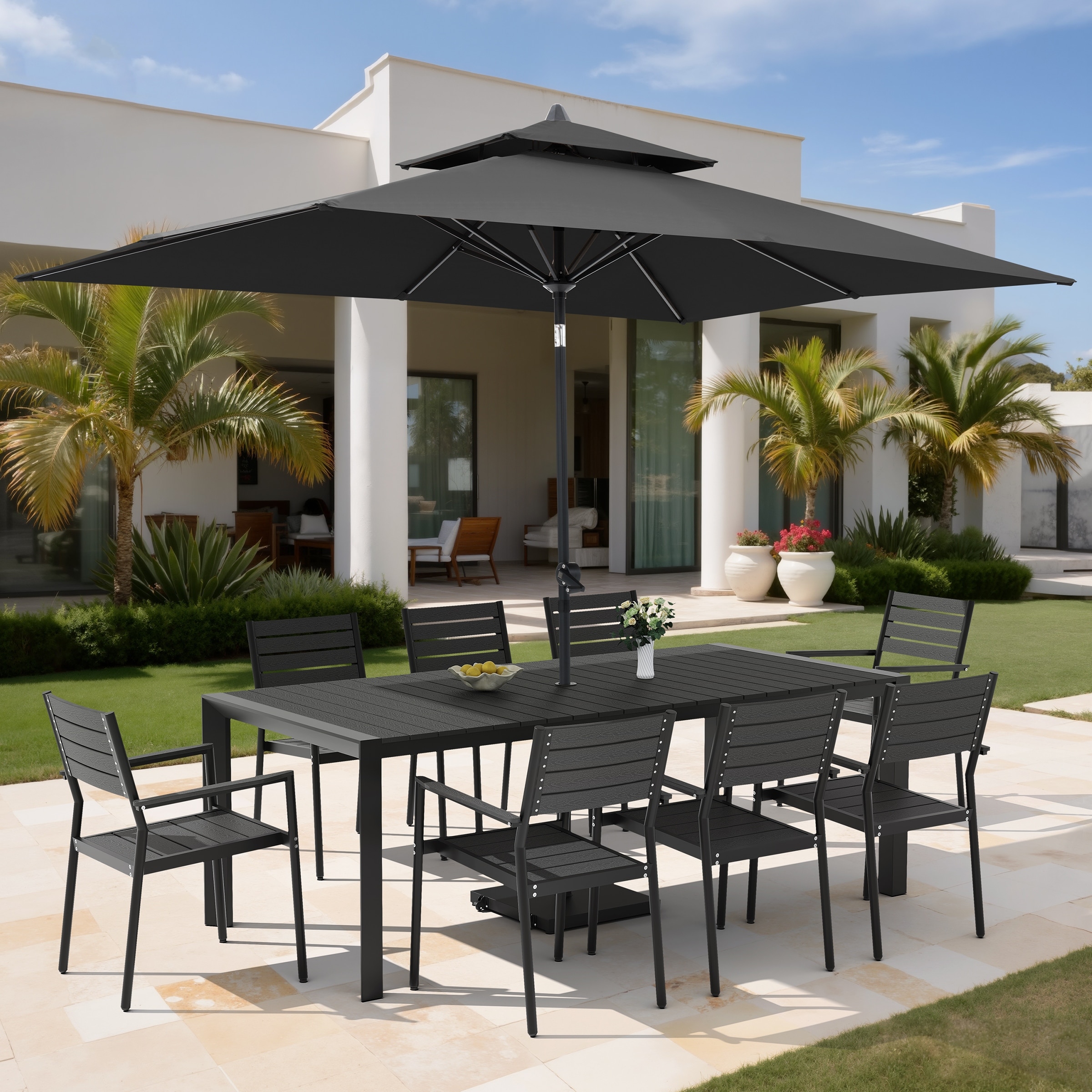 Set of 11 Outdoor Patio Dining Set WoodLike Aluminum Umbrella Hole Table with Stackable Armchairs, Double Top Market Umbrella