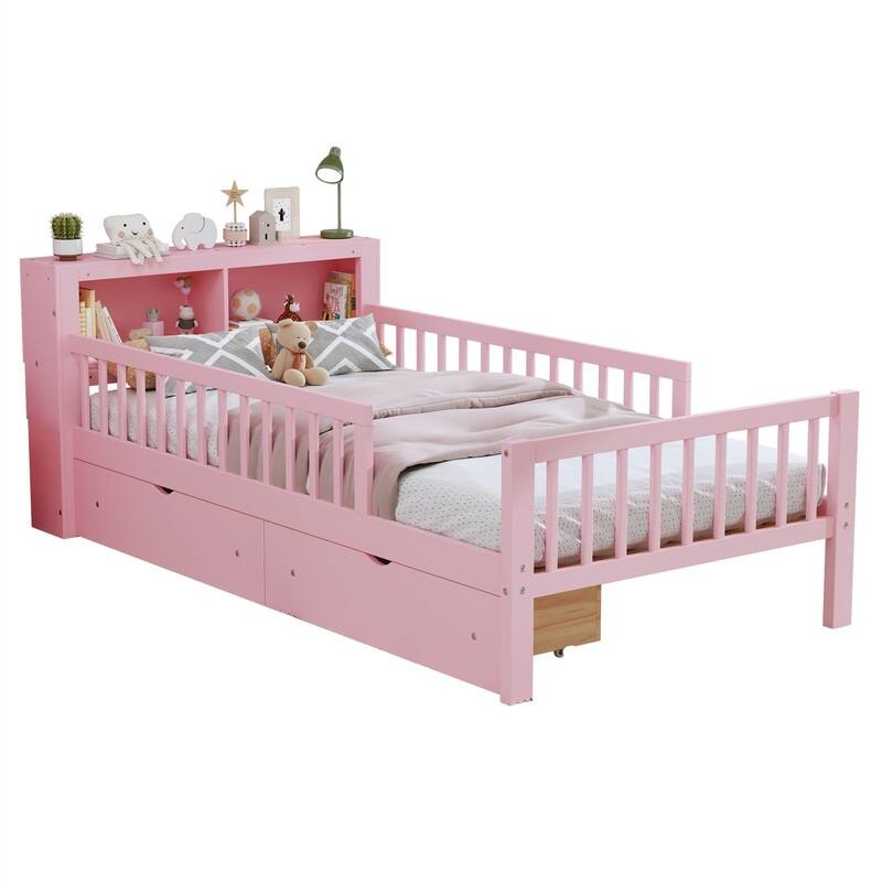 Twin Size Platform Bed with Storage Headboard and 2 Under-Bed Drawers, Wooden Bed Frame with Guardrails and Slats Support