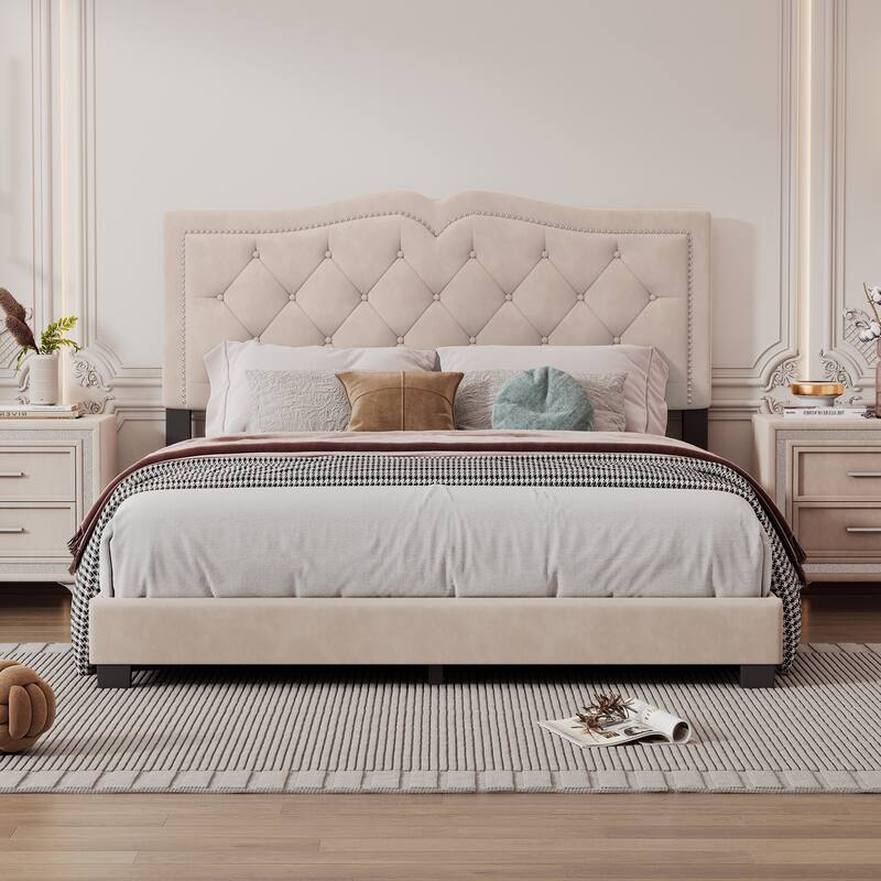 Queen/Full Size Upholstered Bed Frame with Rivet Design, Modern Velvet Platform Bed with Tufted Headboard