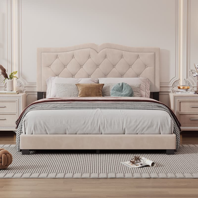Queen Size Upholstered Bed Frame with Rivet Design - Beige