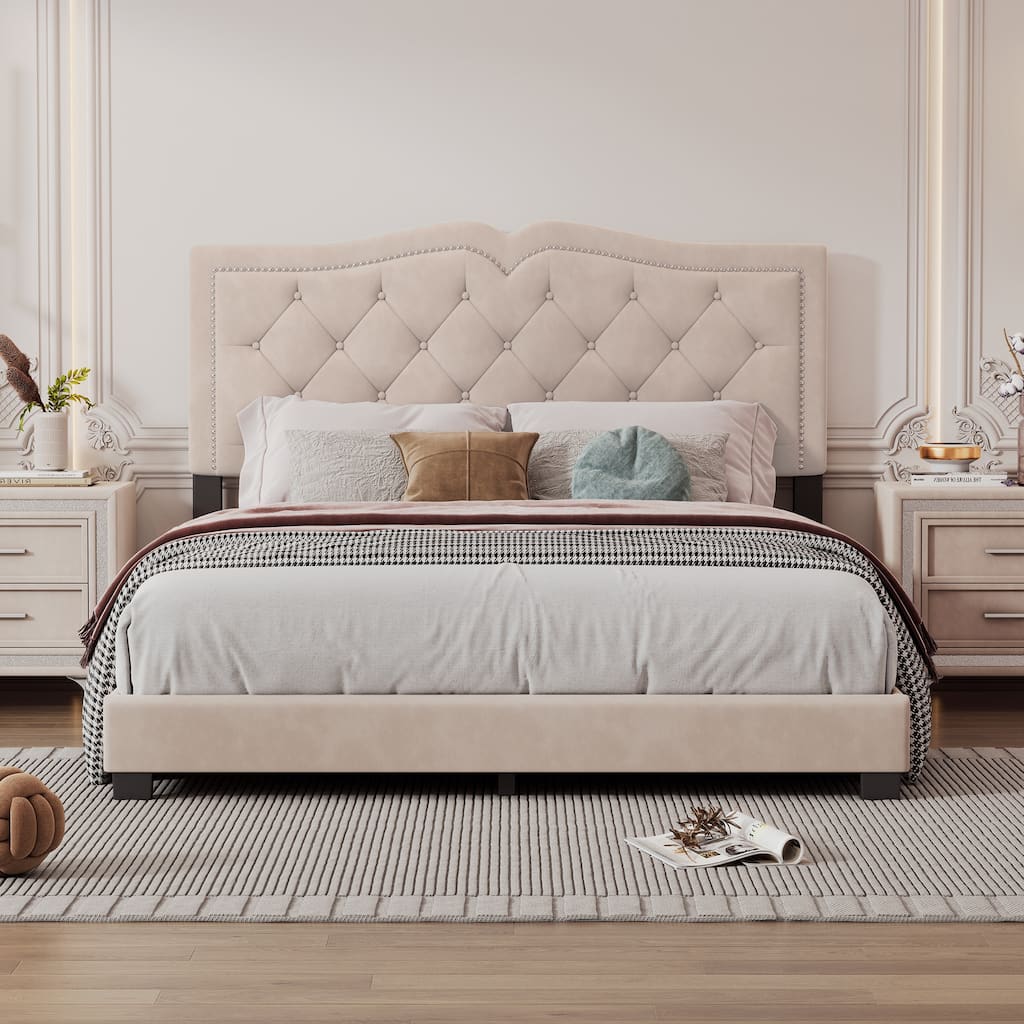 Upholstered Bed Frame with Rivet Design