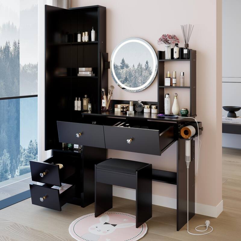 Round Mirror LED Vanity Table with Cushioned Stool