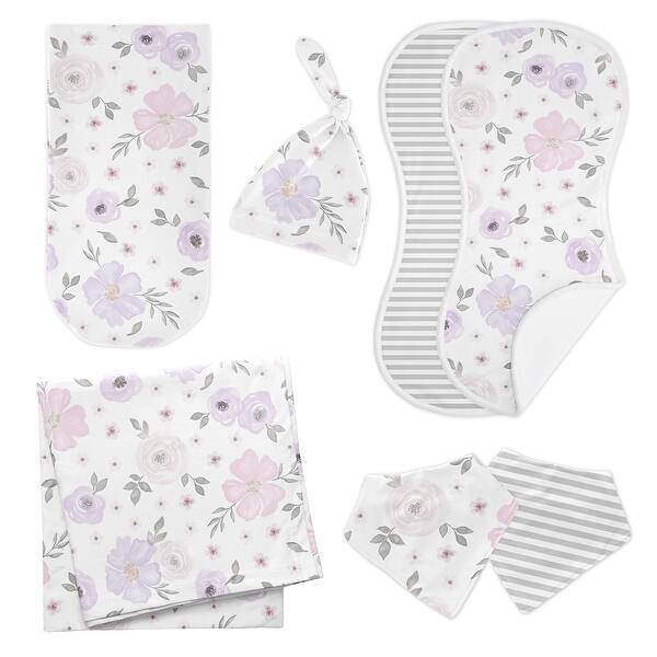 slide 2 of 6, Watercolor Floral 7-piece Newborn Baby Layette Set - Lavender Purple Pink and Grey Boho Shabby Chic Rose Flower Gray Farmhouse